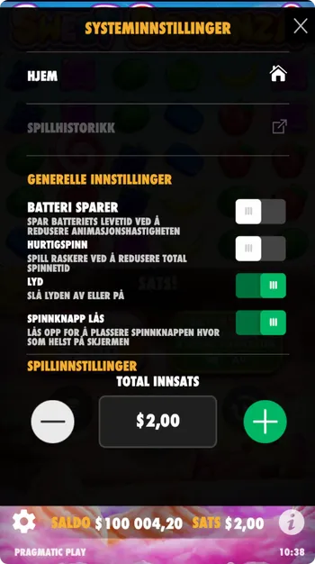 Innsatsvalg og autospillinnstillinger i Sweet Bonanza